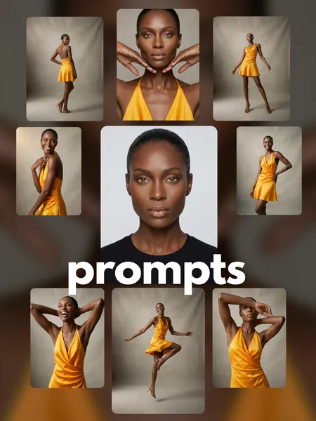 AI fashion photoshoot prompt pack — ten studio frames of a model in a saffron satin mini dress