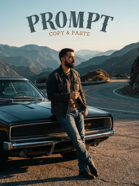 Pack de prompts para sesión con IA con un 1968 Dodge Charger — retrato en un puerto de montaña a la hora dorada