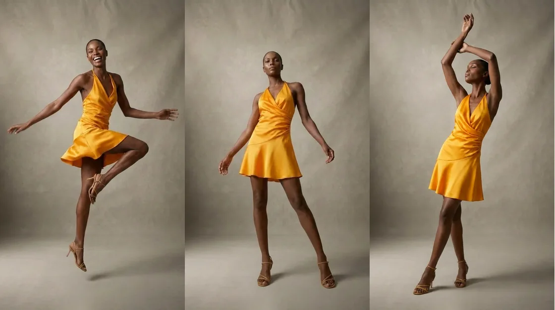 An AI fashion model wearing the same garment across three frames