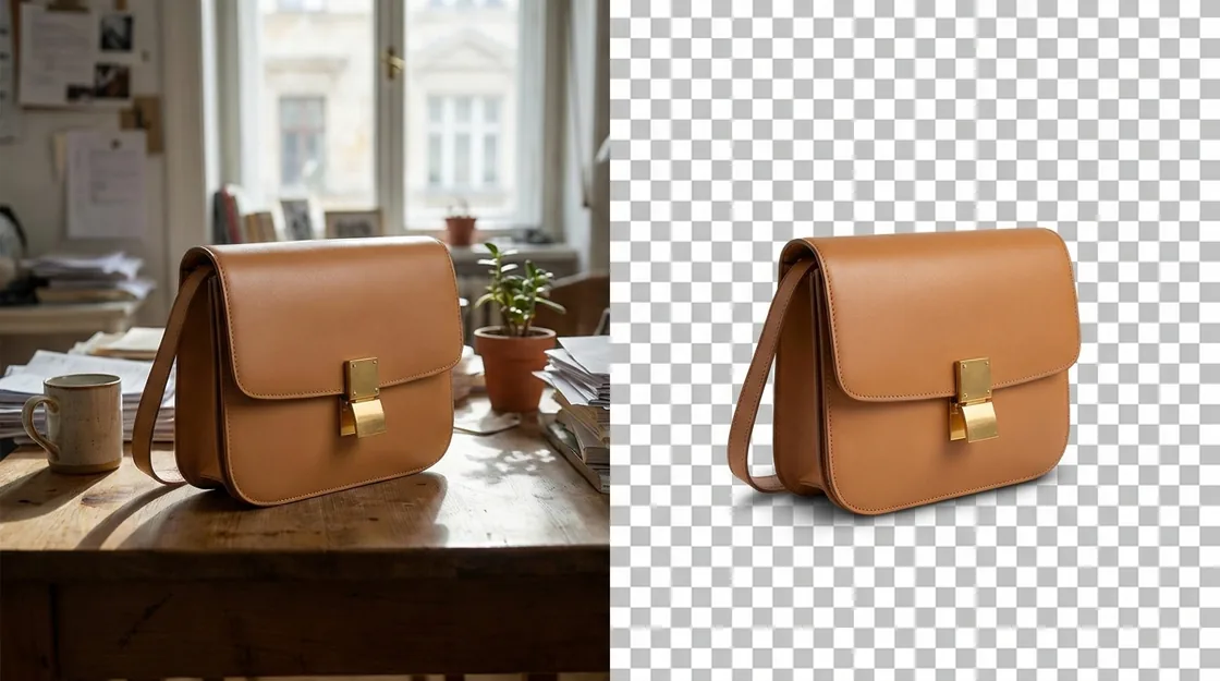 Handbag before and after background removal