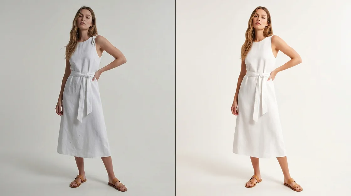Fashion lookbook shot before and after retouching